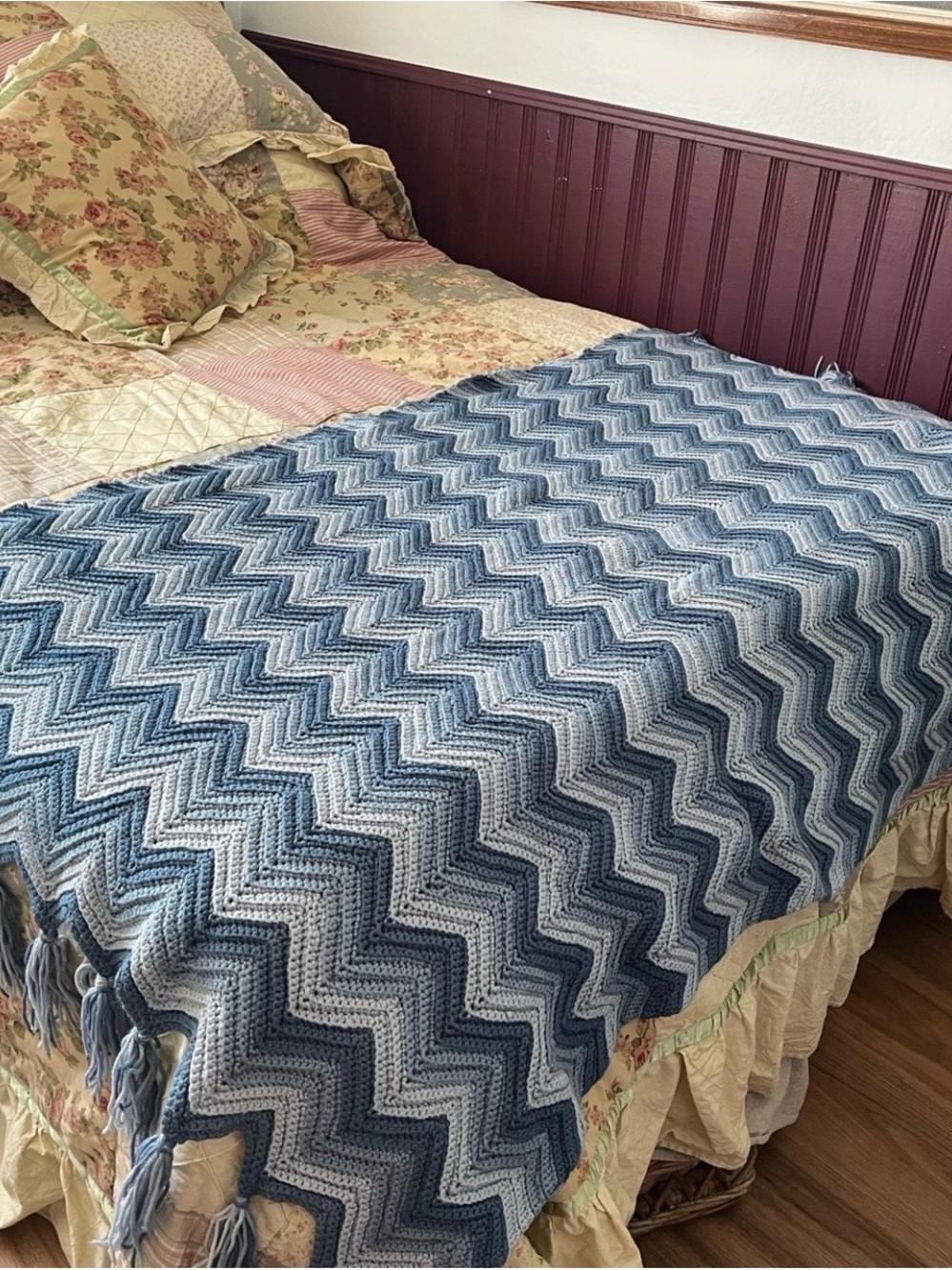 Handmade Vintage Blue Chevron Crochet Throw Blanket